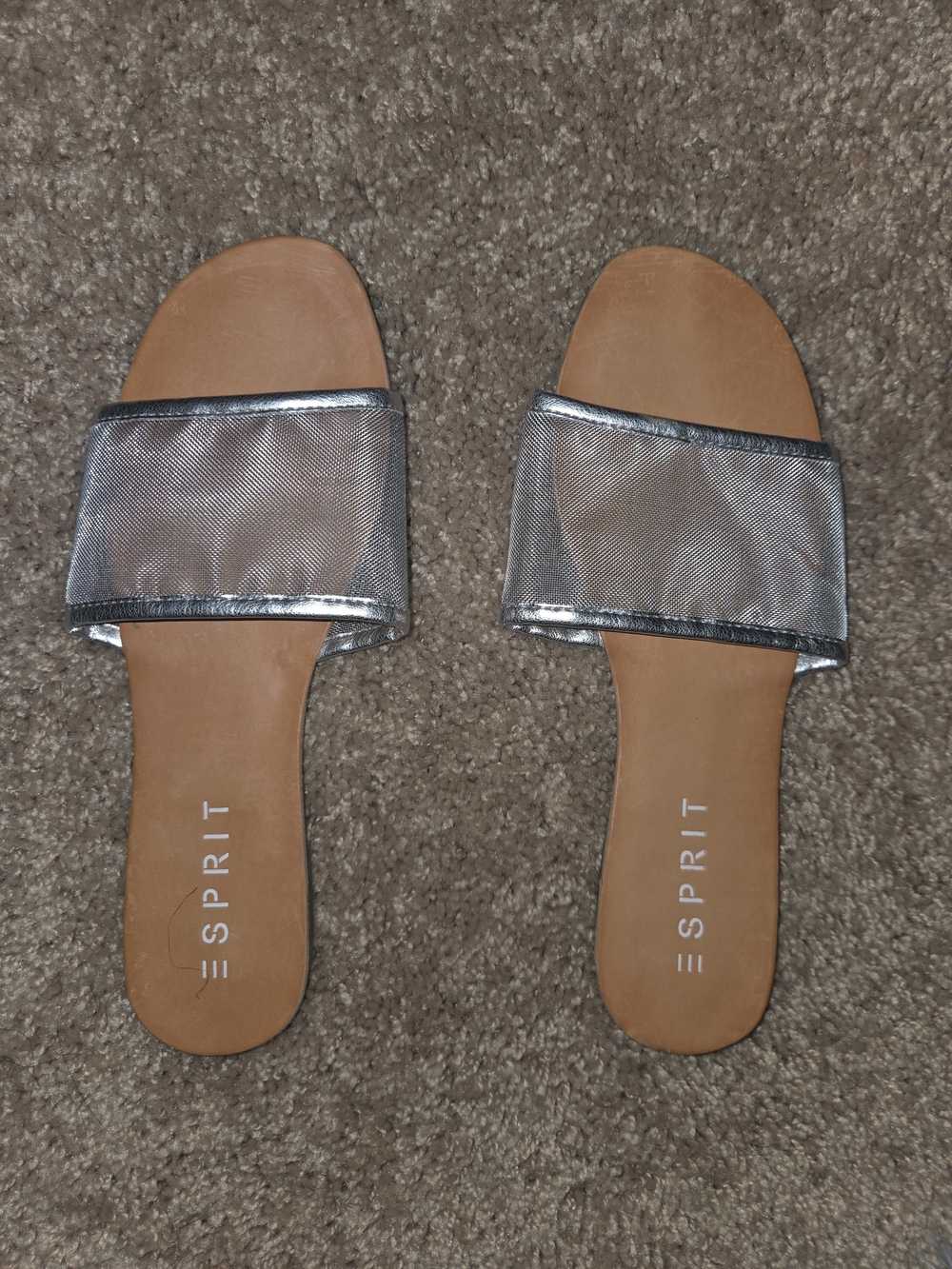 Esprit Metallic Silver Slide Sandals with Tan Footbed